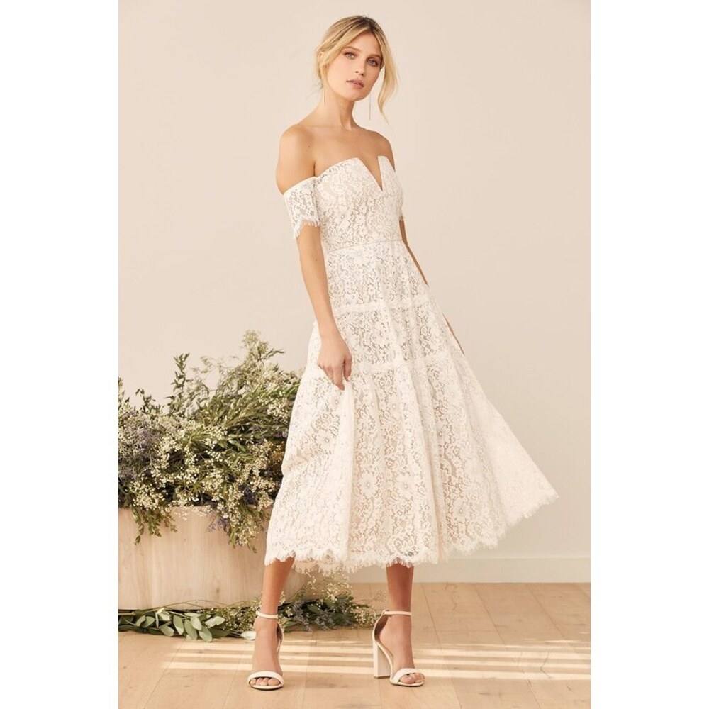 Lulus Absolutely Stunning White Lace Off-the-shoulder Midi Dress - Size S